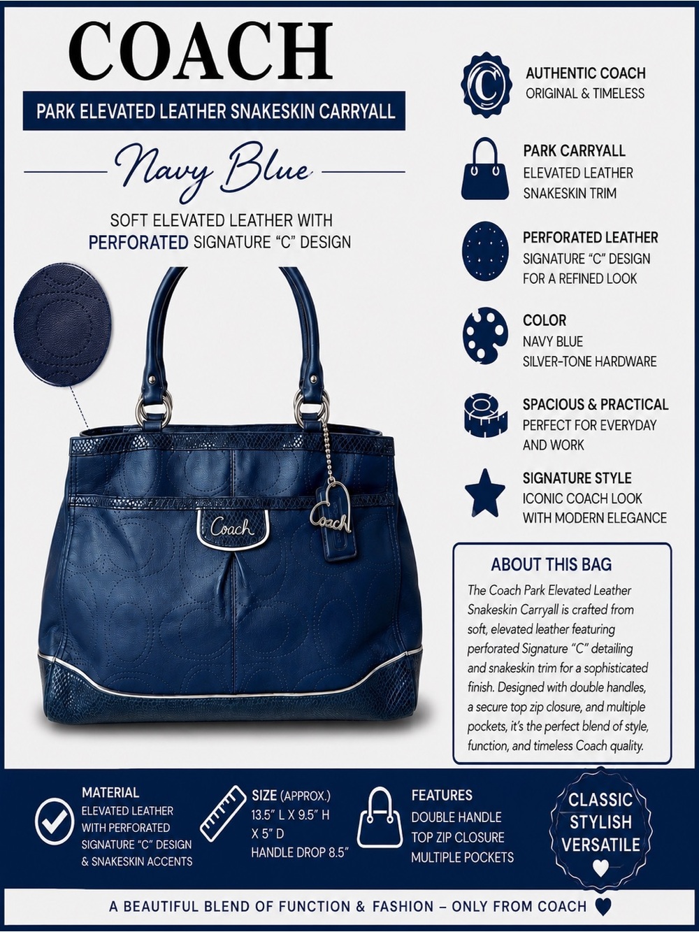 Coach Park Elevated Leather Snakeskin Carryall, Navy Blue. EUC